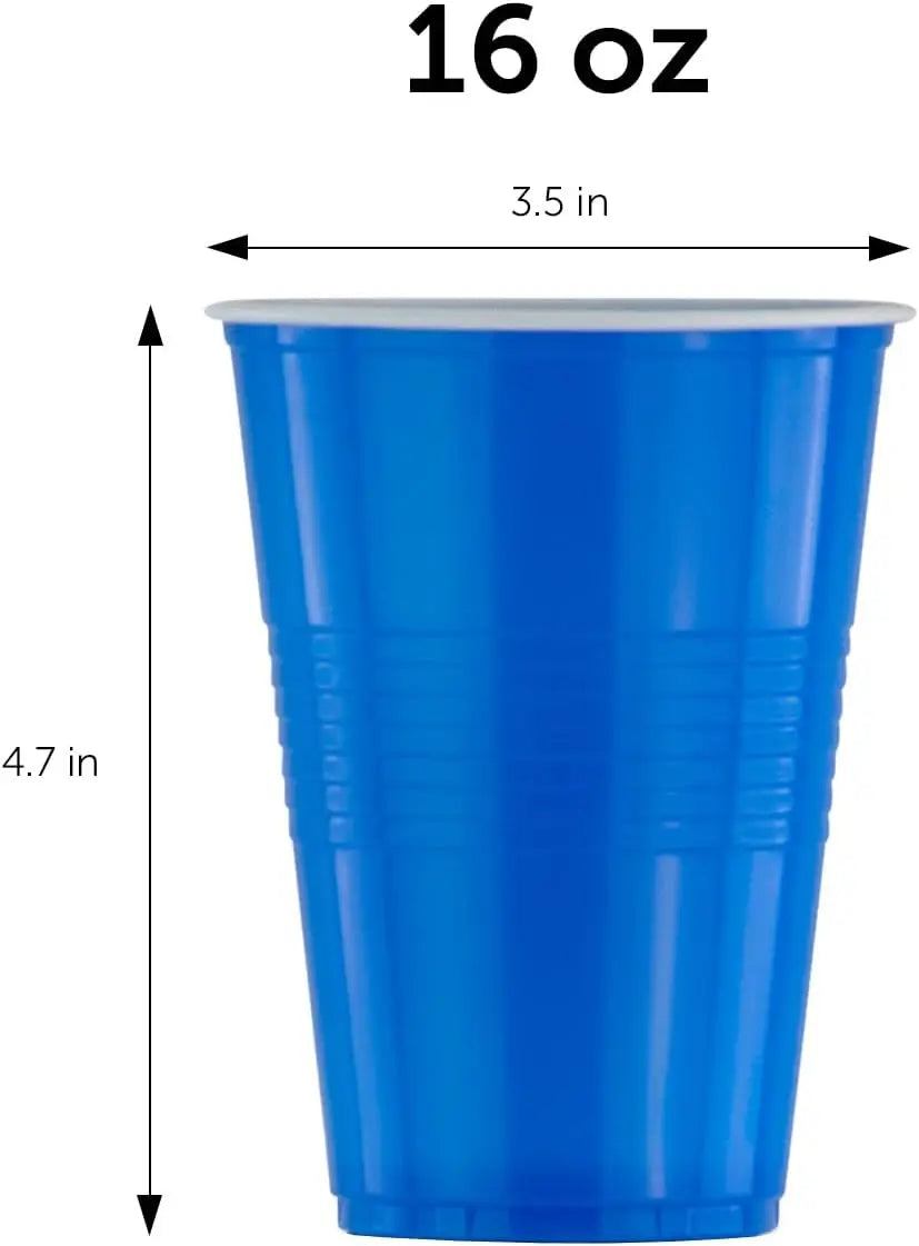 A blue disposable party cup with a 3.5-inch diameter and a 4.7-inch height.