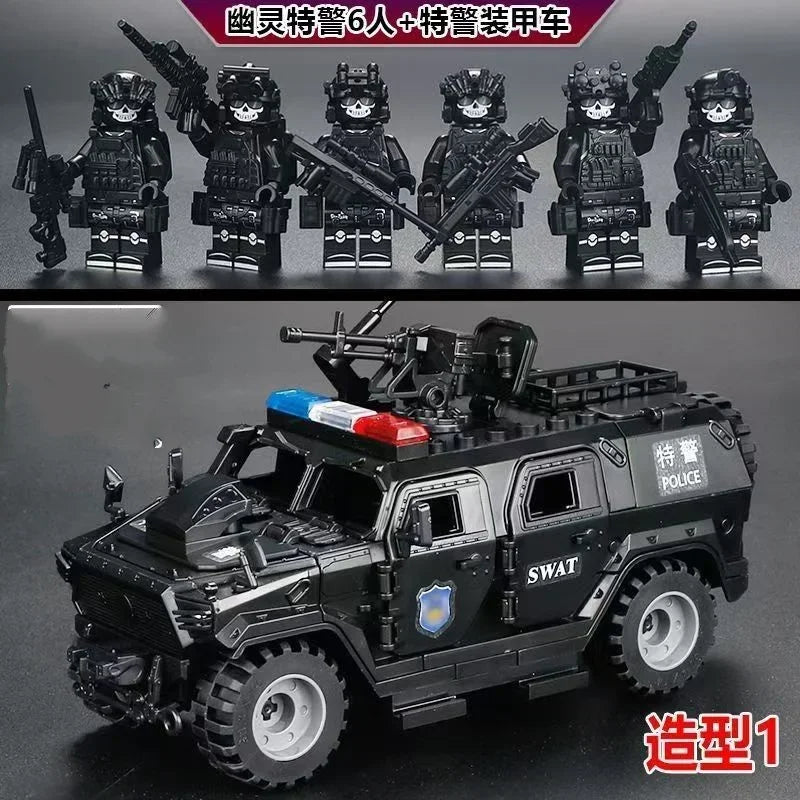 A set of military off-road jeep building blocks featuring six minifigures and a vehicle.