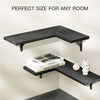 A dark wood corner-mounted floating shelf is installed on a white wall, demonstrating its perfect size for any room.