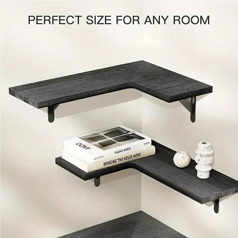 A dark wood corner-mounted floating shelf is installed on a white wall, demonstrating its perfect size for any room.