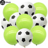 A pack of ten black and white soccer ball shaped latex balloons for party decorations.