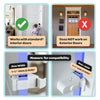 A white snap-on child safety door lock is shown with compatibility guides for interior and exterior doors.