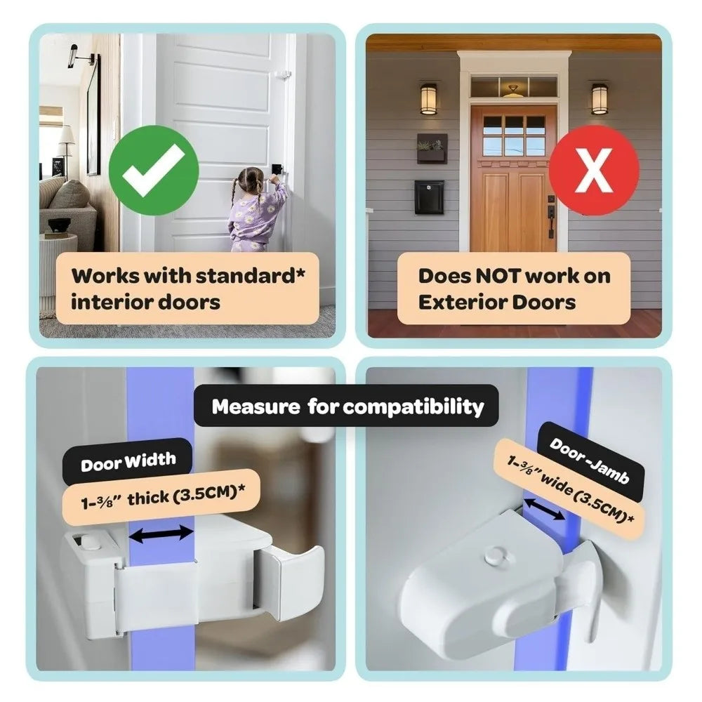 A white snap-on child safety door lock is shown with compatibility guides for interior and exterior doors.