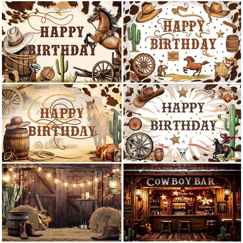 A collection of Wild West cowboy birthday backdrops featuring farm barn scenes, leather boots, cacti, and rustic decor.