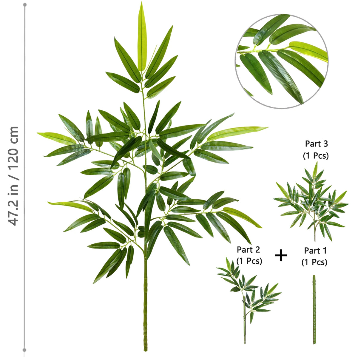 Illustration showing an artificial bamboo branch with green leaves, detailed views of individual parts and a magnified leaf.