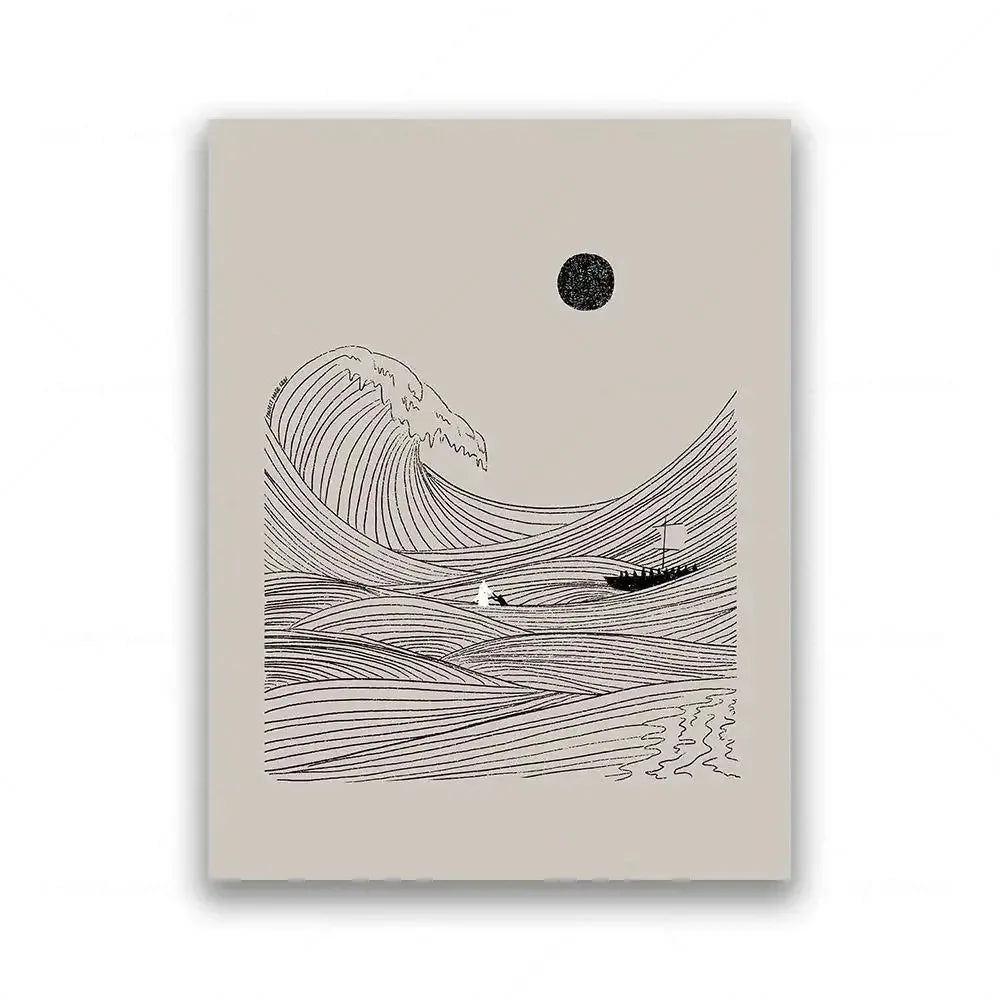 Dibujo lineal minimalista de una ola y una silueta contra un fondo pálido.