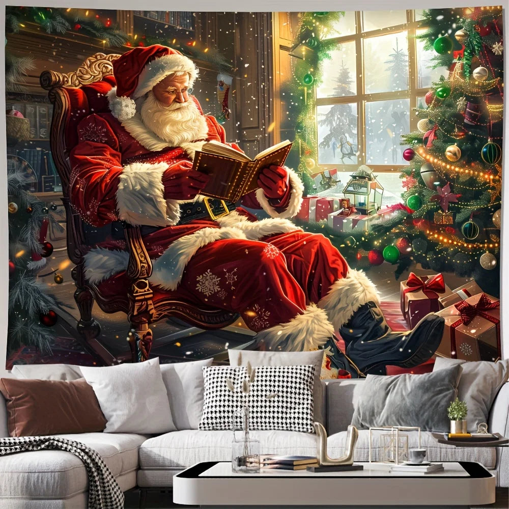 A tapestry depicting Santa Claus reading a book in a chair against a festive Christmas background.