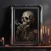 A dark oil painting of a human skull holding a cigarette, framed in ornate gold and dark wood.