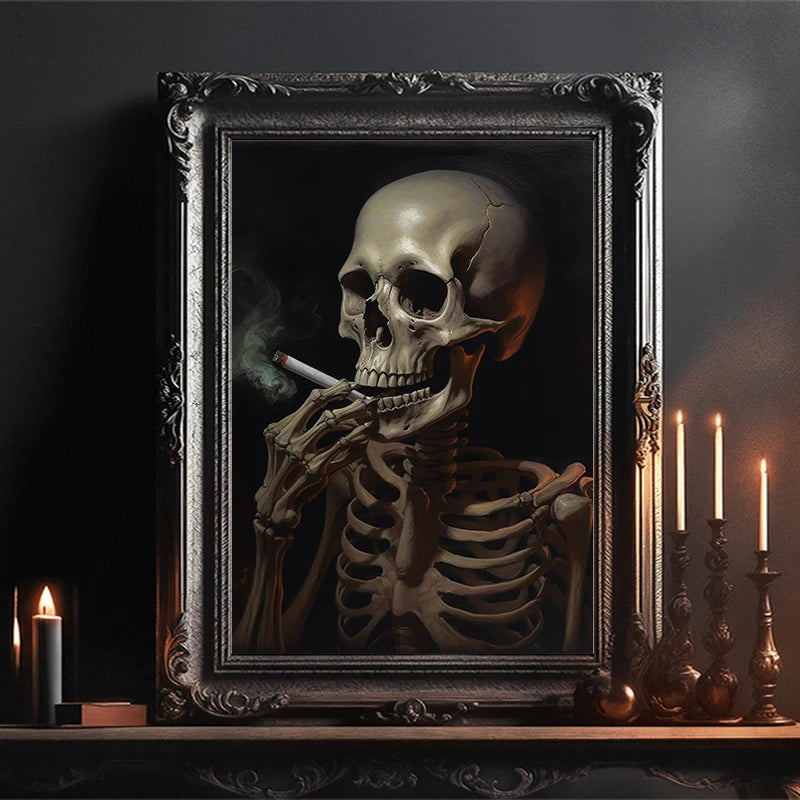A dark oil painting of a human skull holding a cigarette, framed in ornate gold and dark wood.