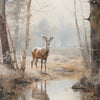 A deer stands by a shallow stream in a misty forest landscape painting.