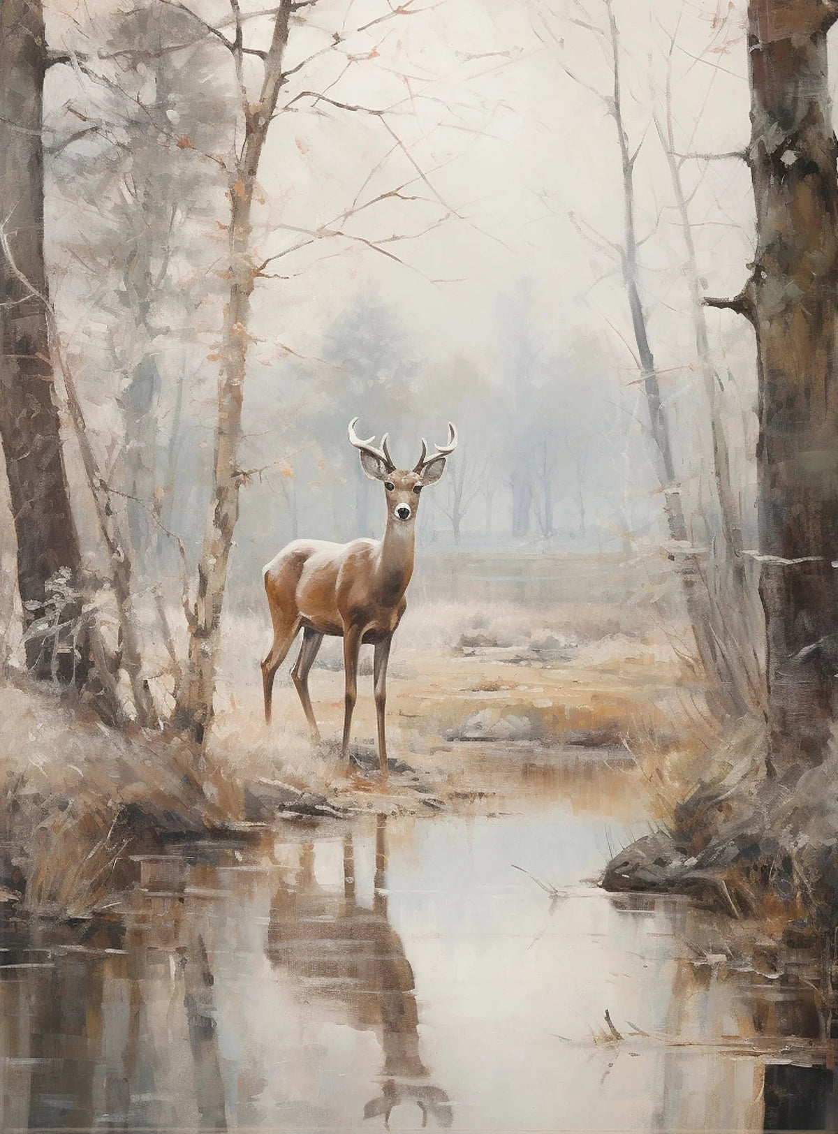 A deer stands by a shallow stream in a misty forest landscape painting.
