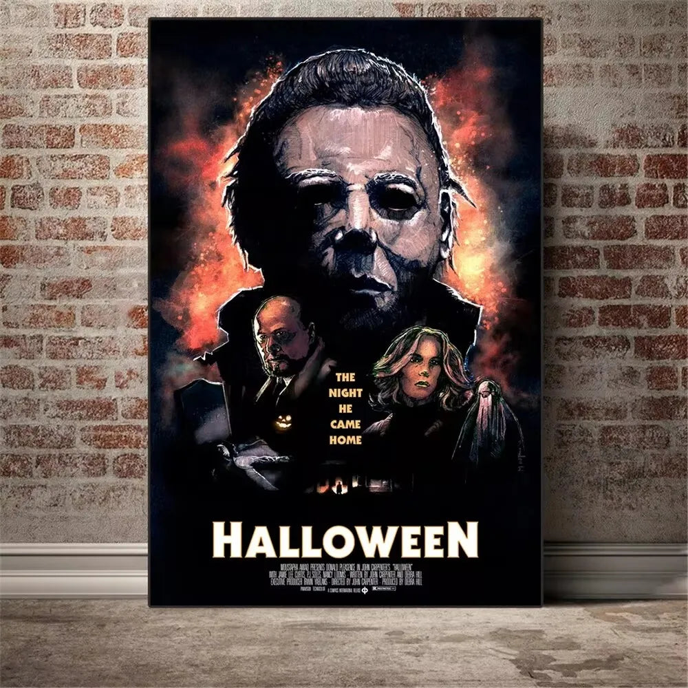 A poster featuring a dark, intense image of Michael Myers with text that reads Halloween