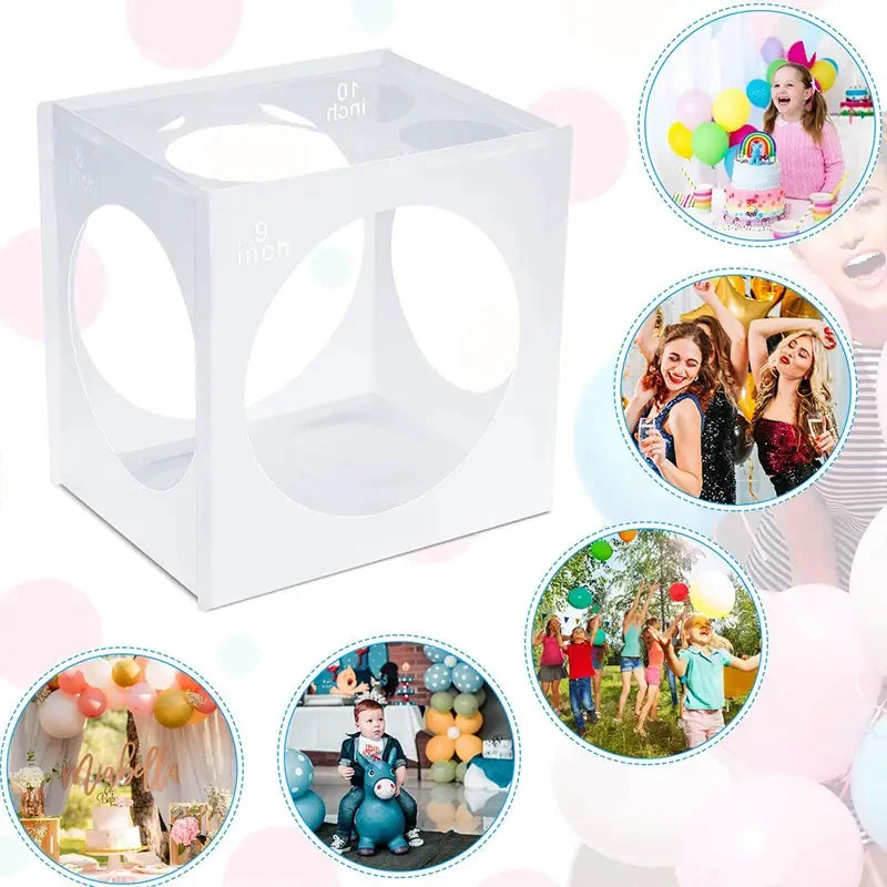 A white plastic box with nine circular openings used for sizing balloons and party decor.