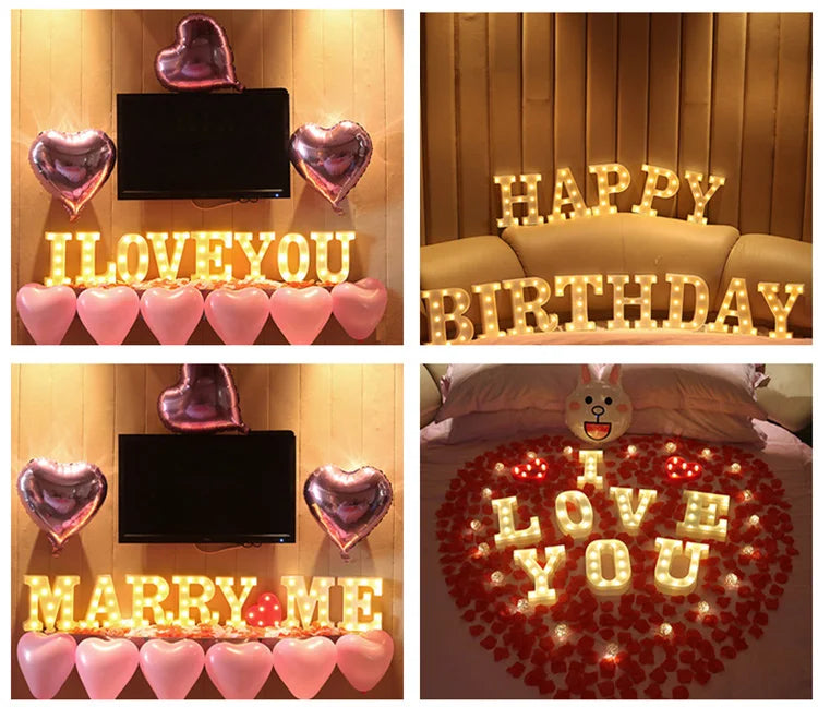 A display of warm white LED alphabet letter lights spelling out I LOVE YOU and HAPPY BIRTHDAY with heart shapes.
