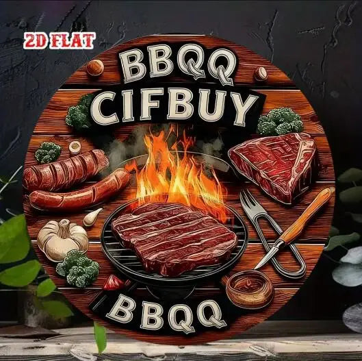 Une pancarte en bois avec un équipement de barbecue comprenant de la viande, des saucisses et des épices.