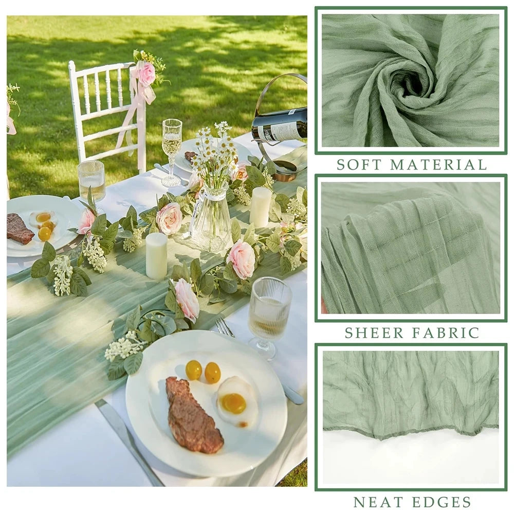 A rustic pink semi-sheer gauze table runner is shown with a white wooden chair and floral greenery setting.