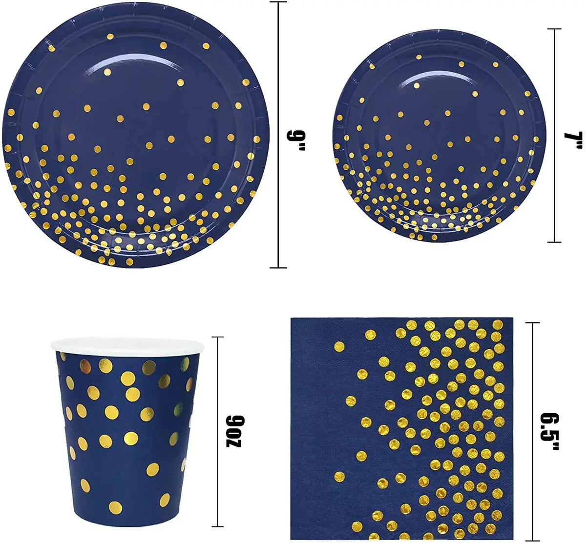 A set of blue and gold disposable party tableware including plates and a cup.