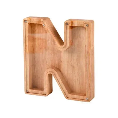A wooden alphabet letter N used as a piggy bank or coin box for children