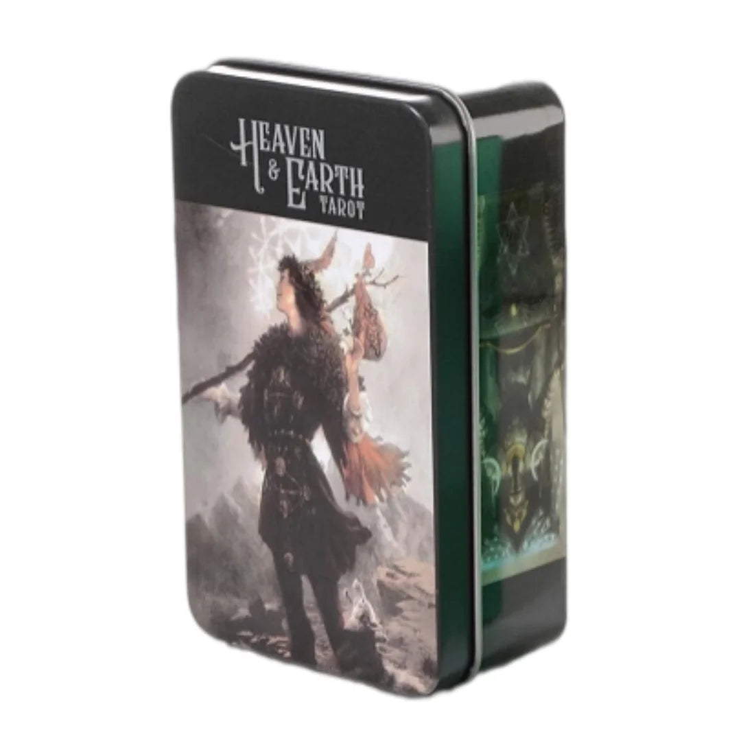 A black metal tin containing a Vintage Art Tarot Oracle Card Deck.