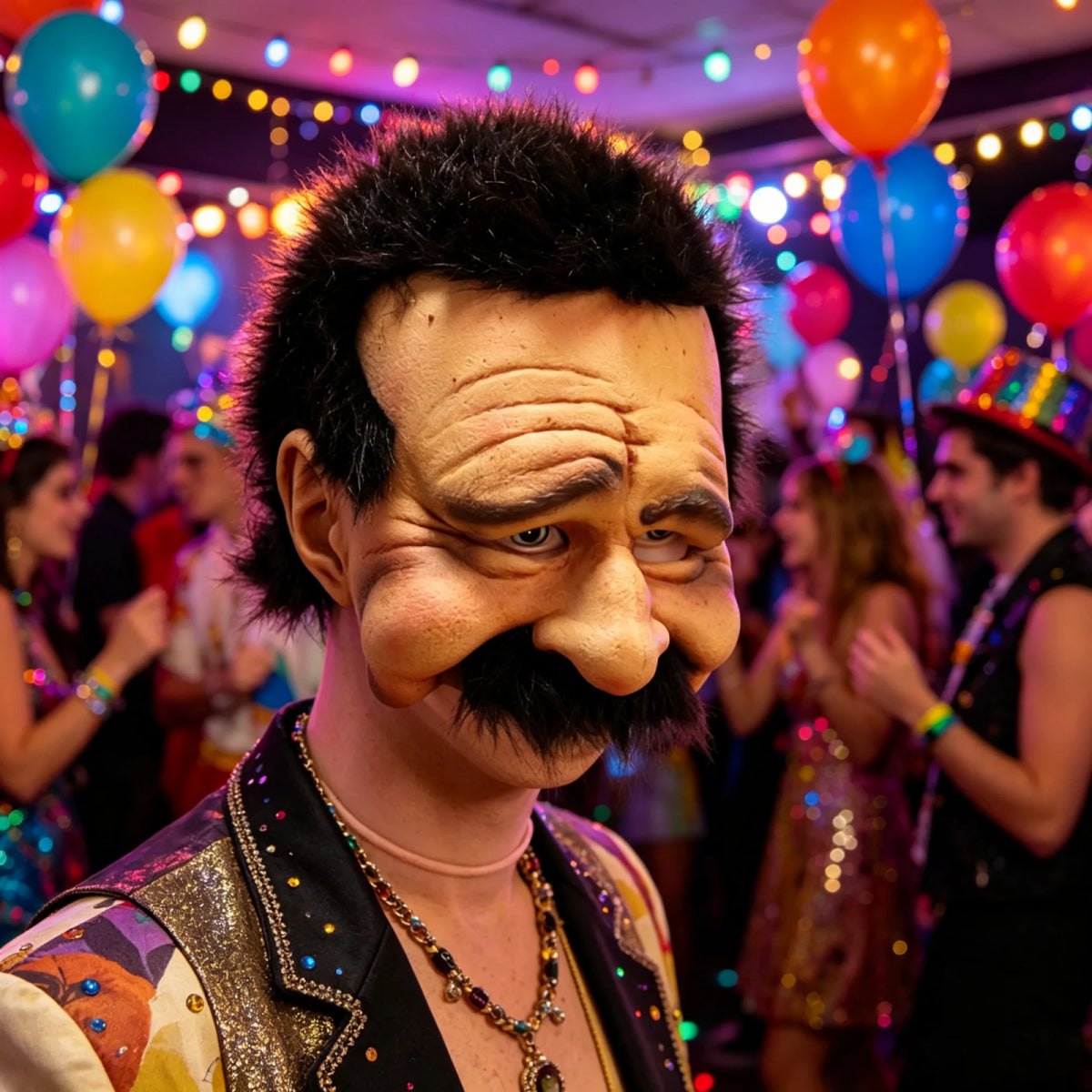 A man wearing a realistic old man horror mask with a prominent mustache and dark hair at a party.
