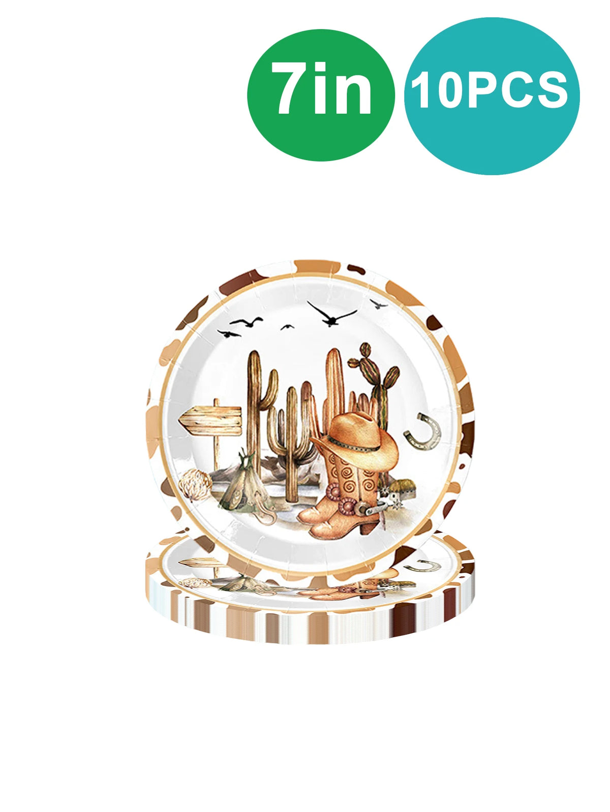 A round white disposable tableware set featuring a western design with cacti and a cowboy hat.