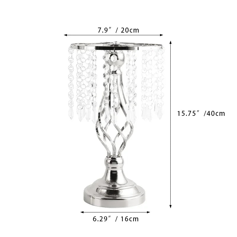 A silver crystal vase set featuring a tall centerpiece with dangling crystal elements.