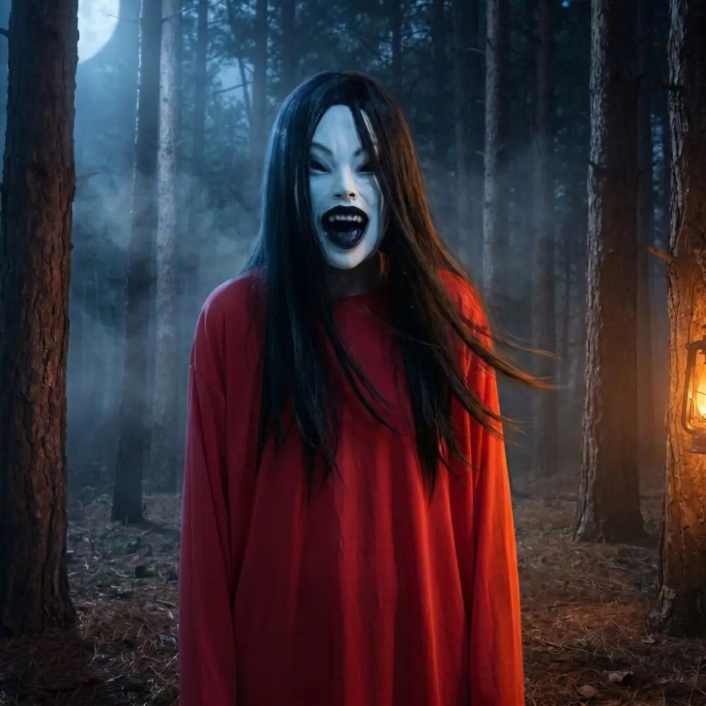 A woman with long black hair and a white painted face wearing a red garment stands in a foggy forest.