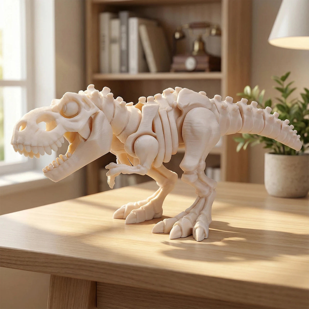 A white 3D printed dinosaur skeleton figurine featuring a T-Rex and Mosasaurus collectible displayed on a wooden table.