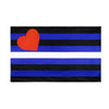 A black flag with horizontal blue and black stripes and a red heart shape on the left.