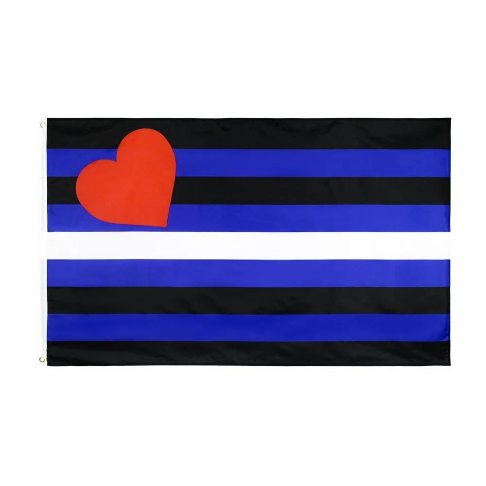 A black flag with horizontal blue and black stripes and a red heart shape on the left.
