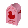 Pink magnetic duck mail box cover with a red duck silhouette and text
