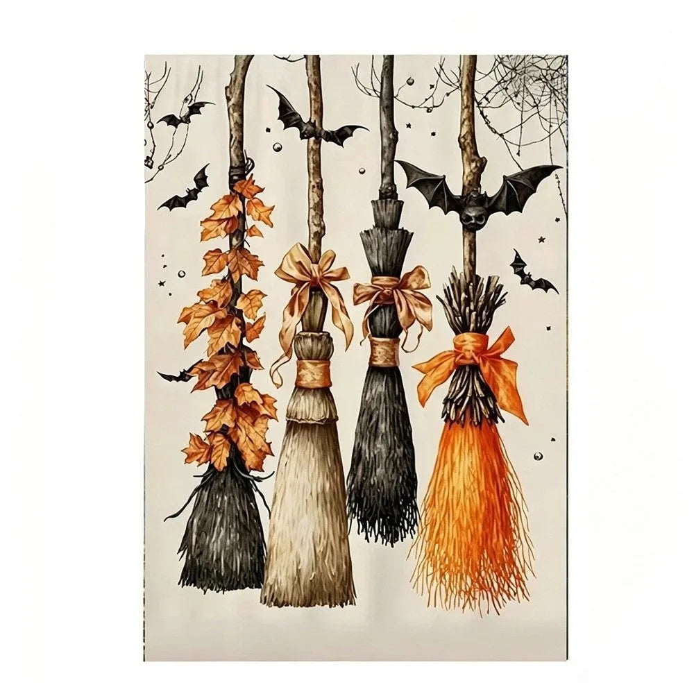A vertical illustration featuring bats and autumn leaves hanging from tree branches, resembling a Halloween garden flag.