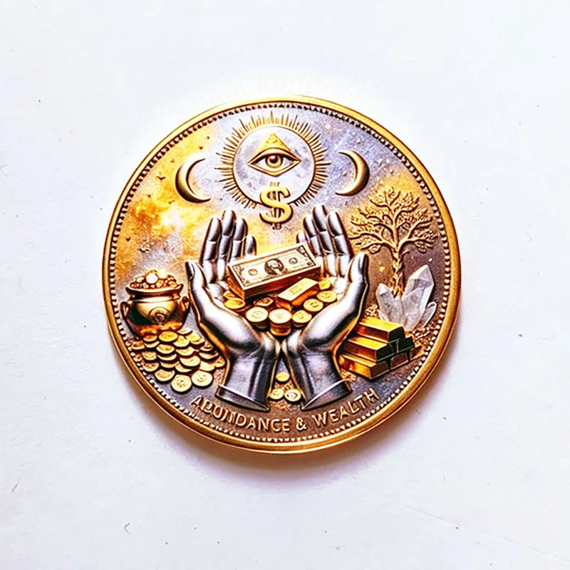 A round gold coin featuring an eye symbol, crescent moons, and a tree, symbolizing abundance and wealth.