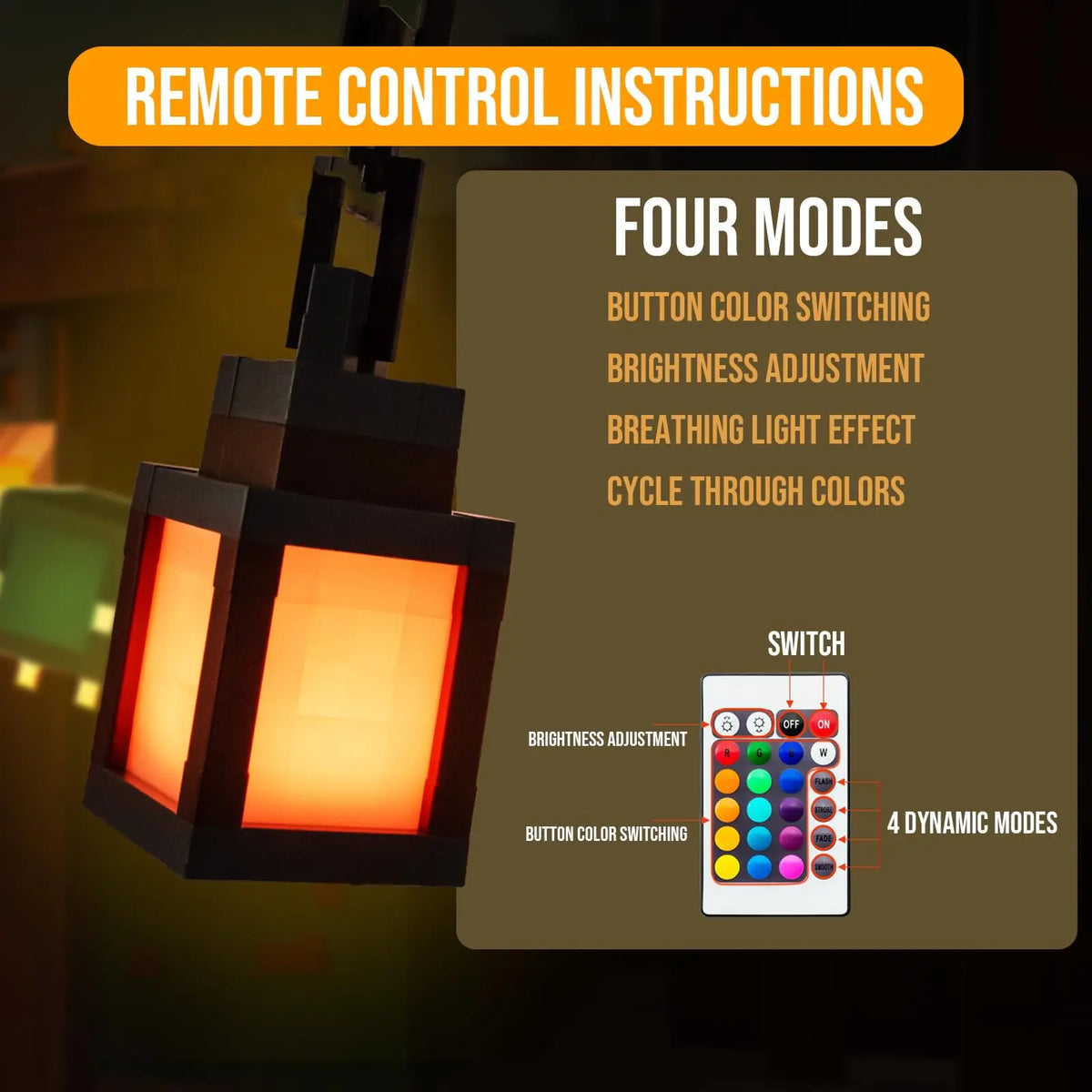 Remote control instructions for a four-mode 16-color RGB pixel lantern night light with brightness and color switching featur