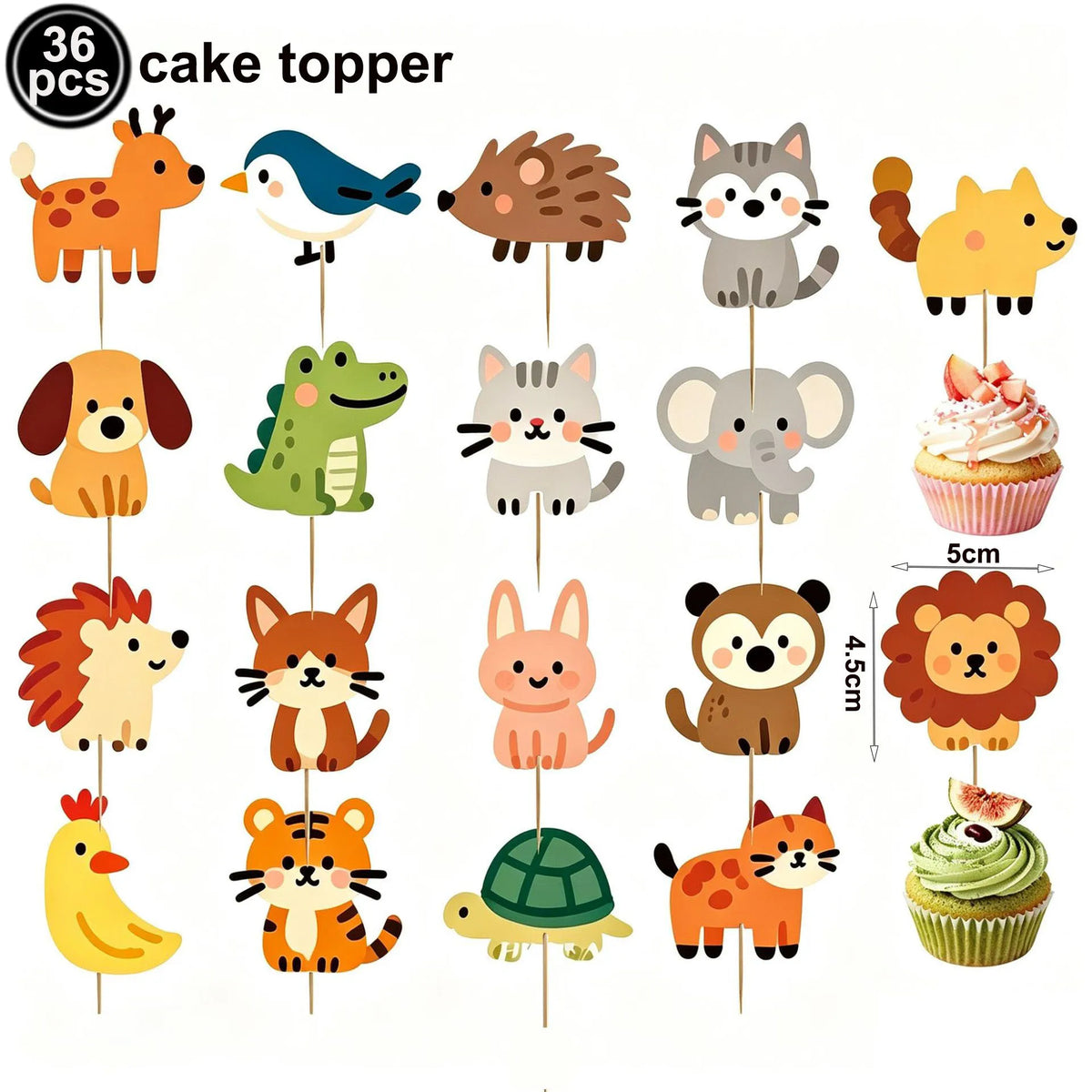36 piece cake topper featuring various jungle and safari animals like lions, tigers, elephants, and monkeys.