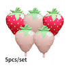 A set of six pink and green digital flower foil balloons shaped like strawberries.