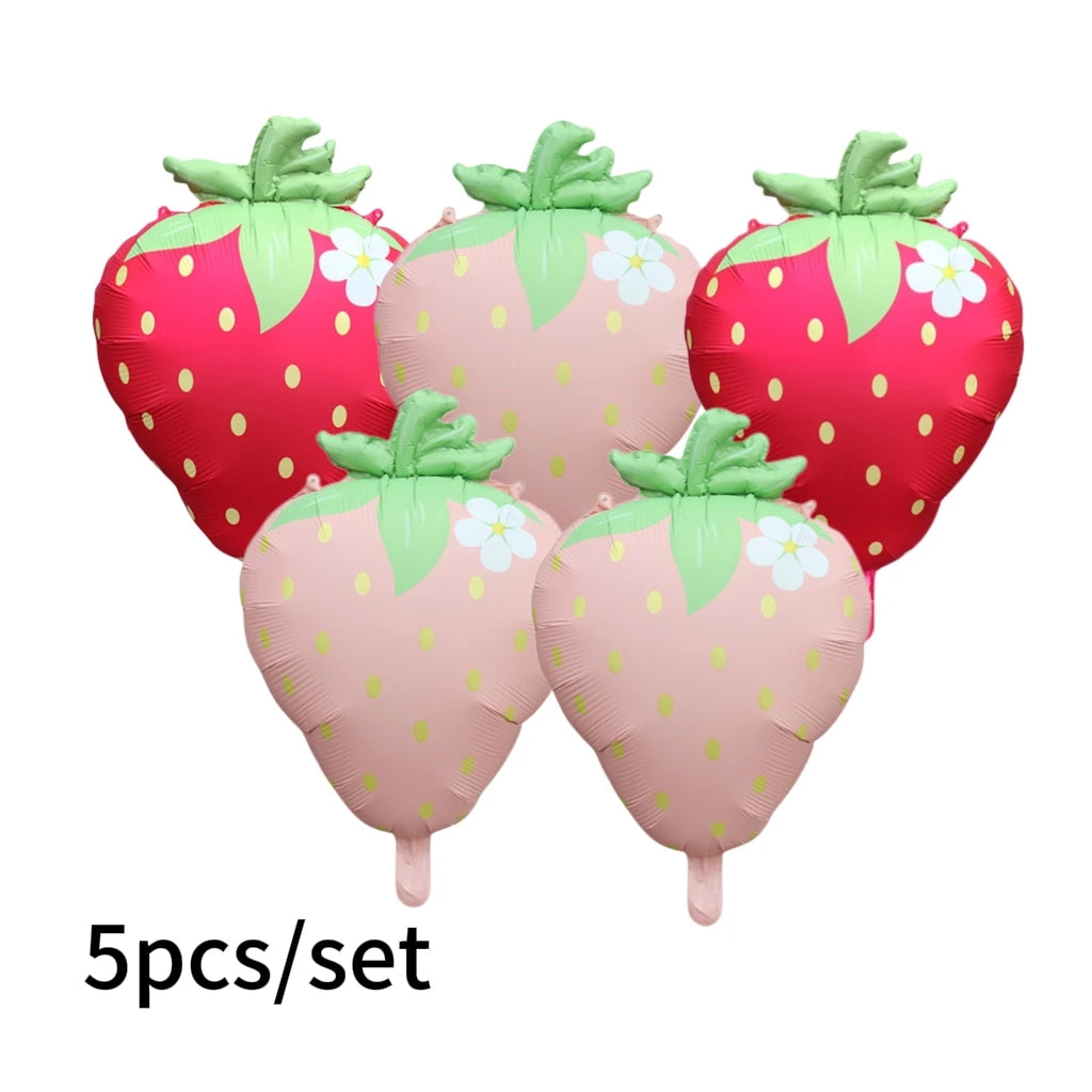 A set of six pink and green digital flower foil balloons shaped like strawberries.