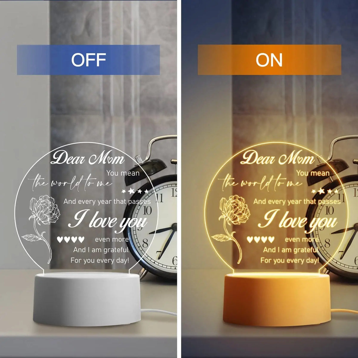 A warm glow night light showing 'OFF' and 'ON' settings with a floral design message for a mother