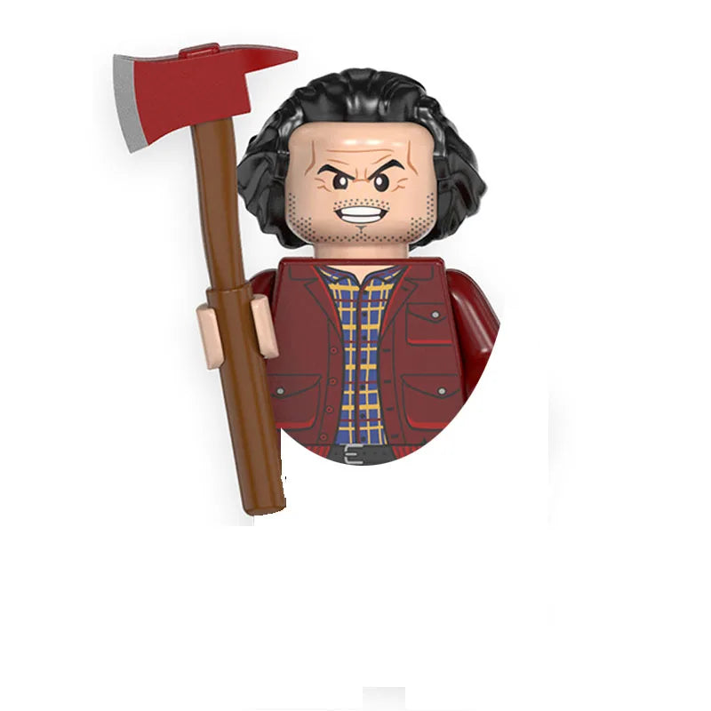 A building block figure of a man with dark hair and a beard wearing a red jacket and holding a large red hammer.
