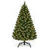 A tall artificial Christmas tree decorated with warm white and multicolor LED lights, standing on a black stand.