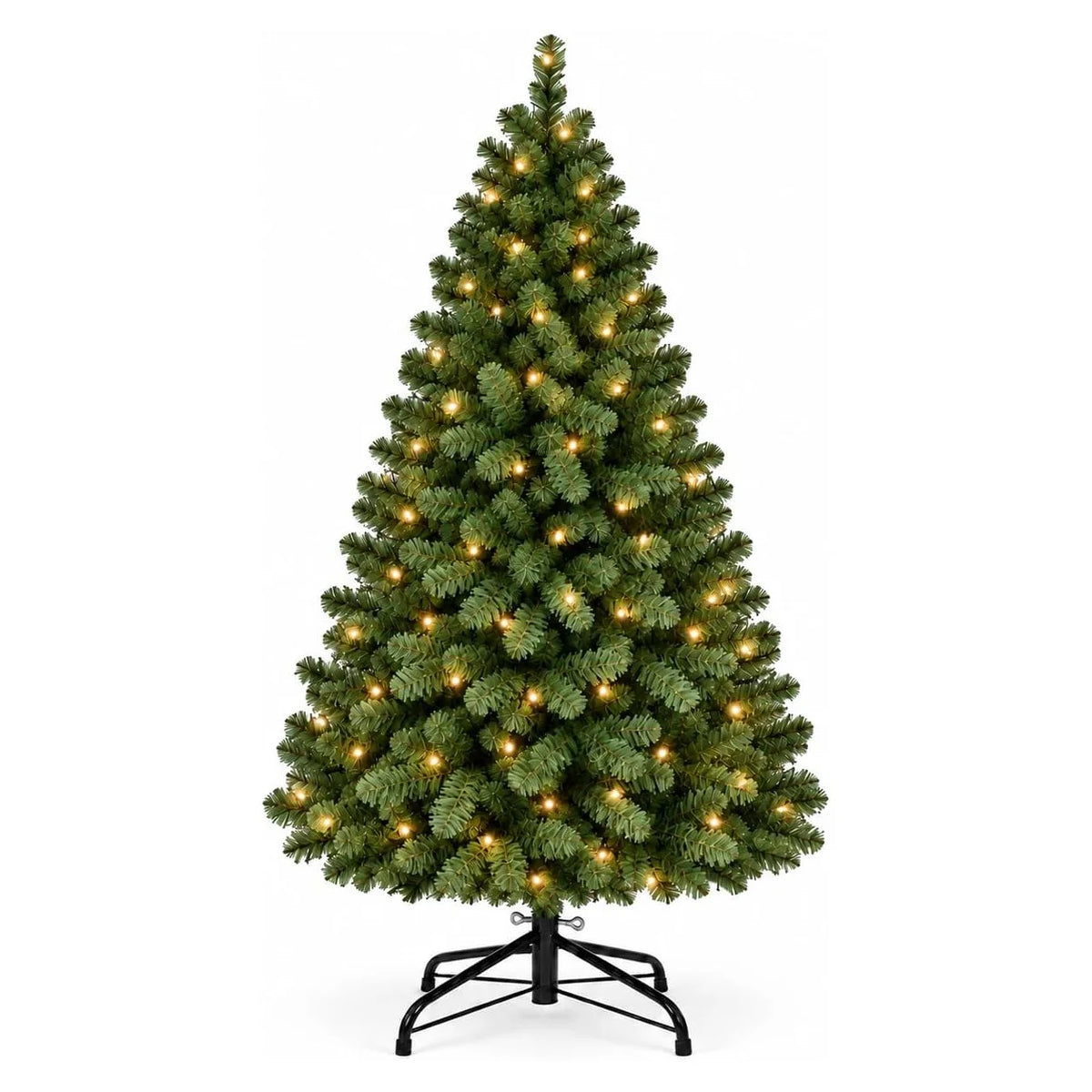 A tall artificial Christmas tree decorated with warm white and multicolor LED lights, standing on a black stand.