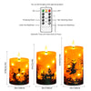 Flameless LED pillar candles with a remote timer for Halloween decor shown in various sizes.