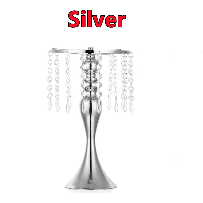 Silver crystal flower centerpiece stand with candle holder featuring multiple hanging crystals.