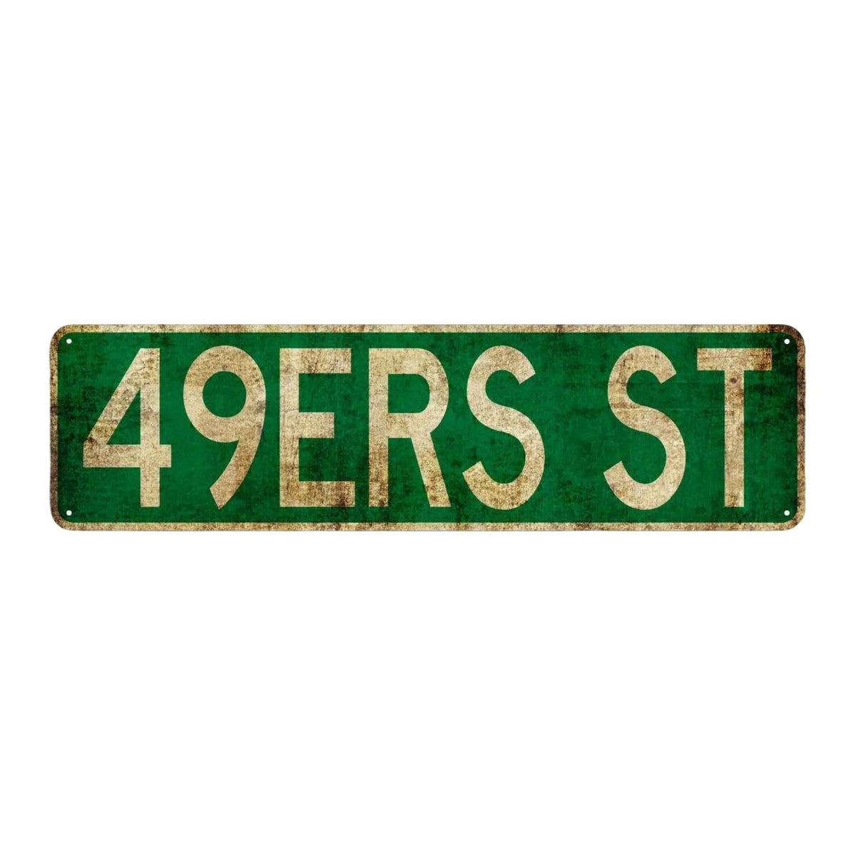 Vintage metal street sign with the text 49ERS ST on a green background.
