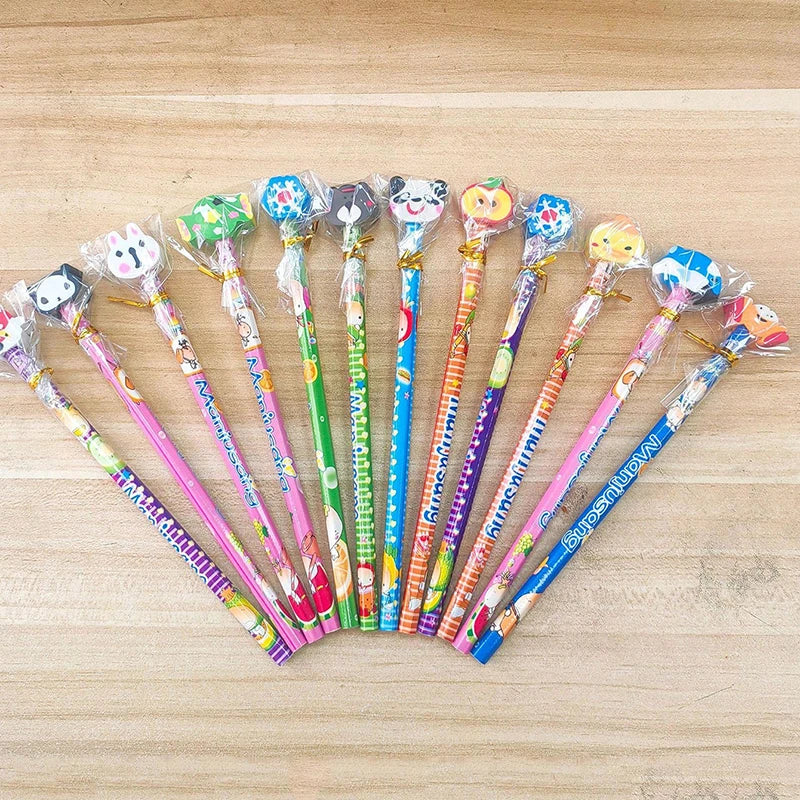 A set of cartoon animal pencils with eraser tops in various colors and designs arranged on a wooden surface.