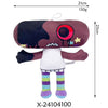 A dark brown plush toy resembling a monster with large red eyes and purple striped legs.