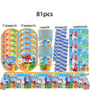 A set of 81 plastic birthday party decorations featuring cartoon characters and colorful designs.