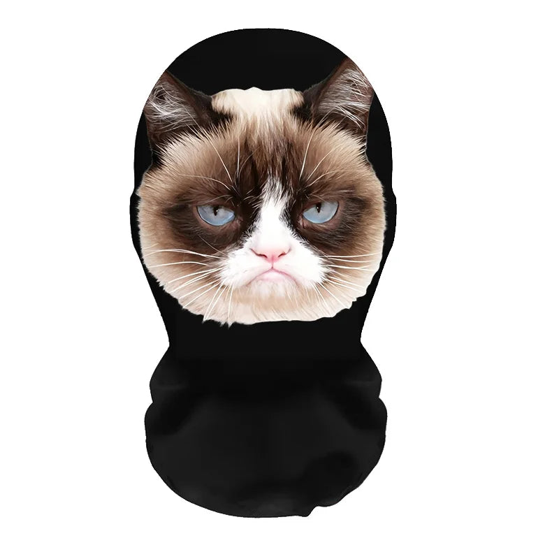 A realistic 3D printed horror balaclava mask of a cat with blue eyes and white markings.