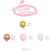 A pink and gold latex balloon kit with various sized balloons and an included package label.