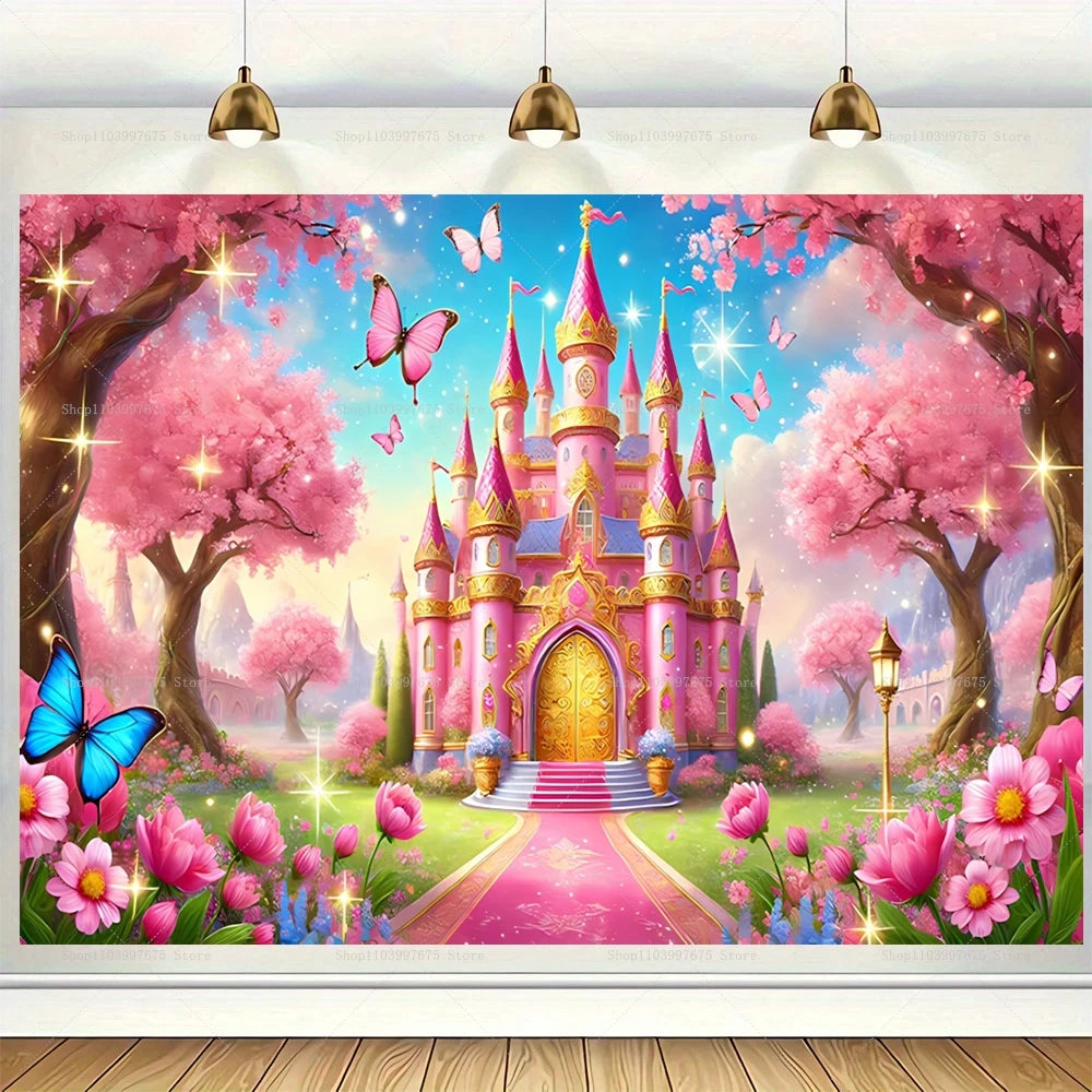 A vibrant illustration of a pink princess castle surrounded by pink trees and flowers for a birthday party backdrop.
